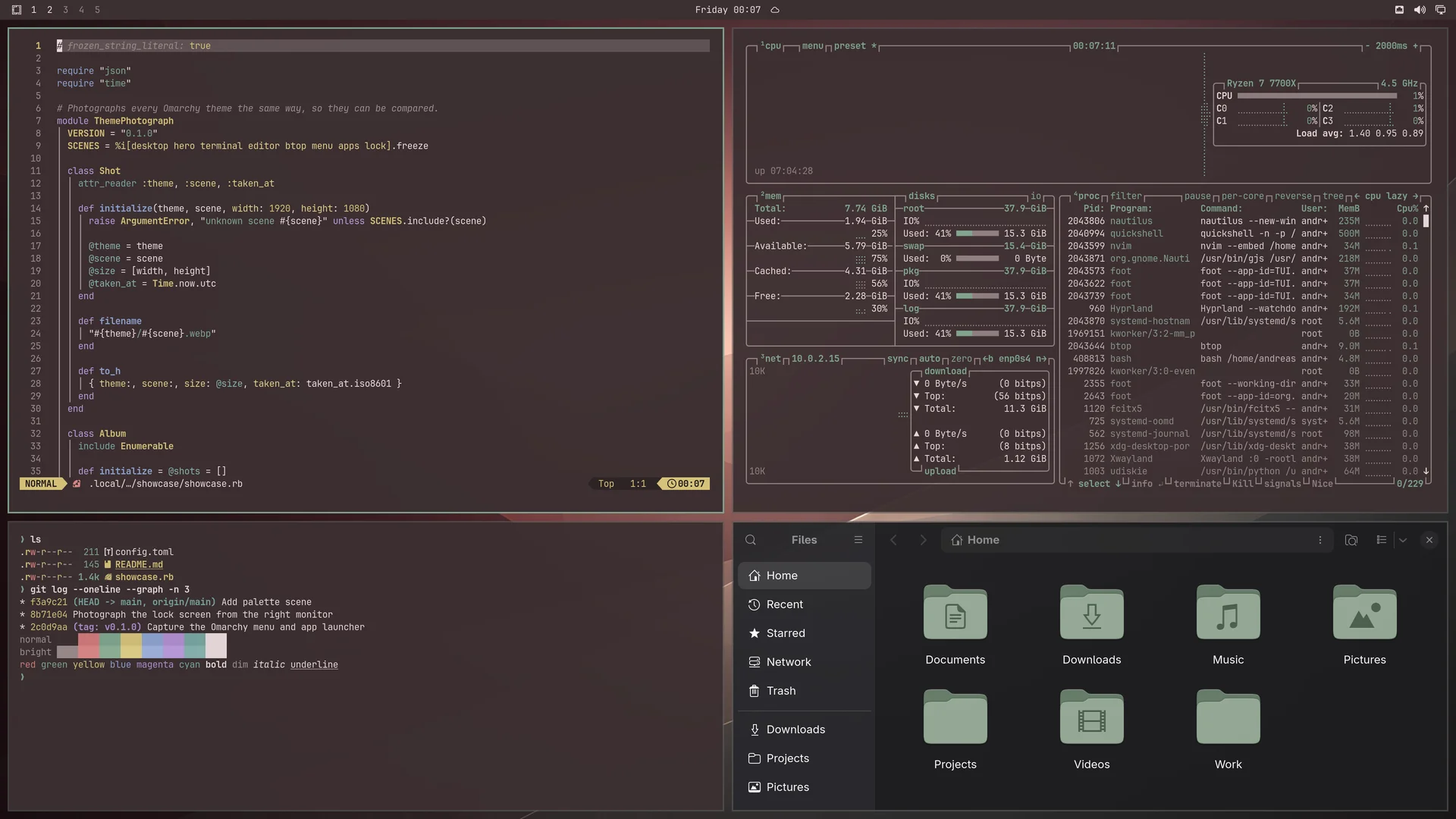 Terramour: Neovim, terminal, btop and Files