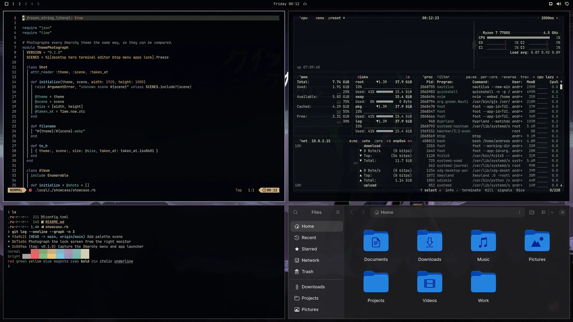 Theme Crystal: Neovim, terminal, btop and Files