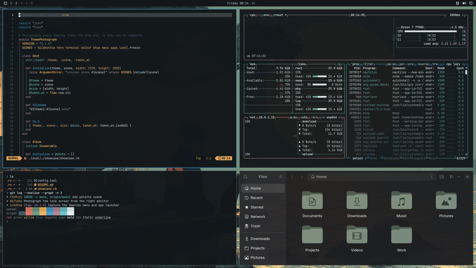 Tranquility: Neovim, terminal, btop and Files