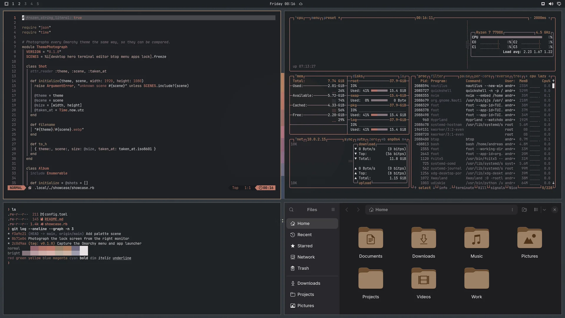 Tycho: Neovim, terminal, btop and Files