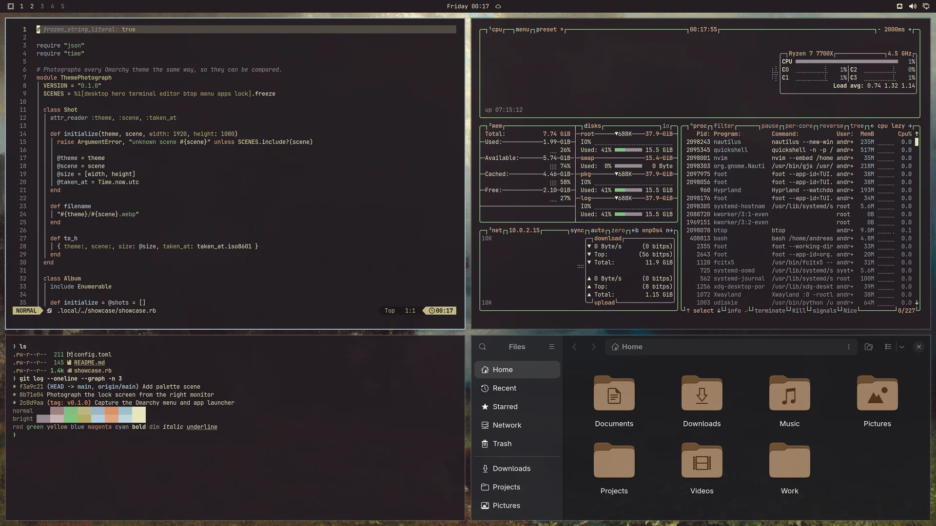 Untitled: Neovim, terminal, btop and Files