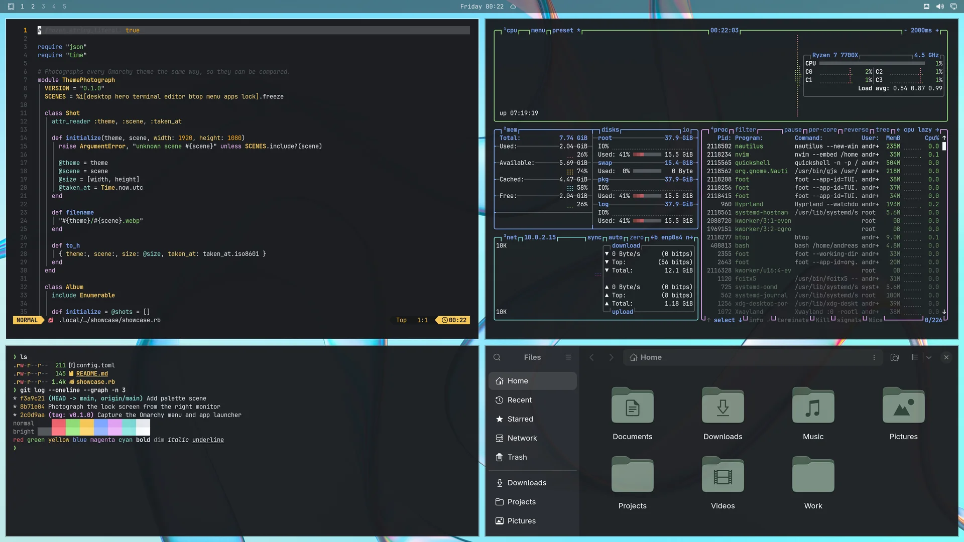 Velora Liquid Glass: Neovim, terminal, btop and Files