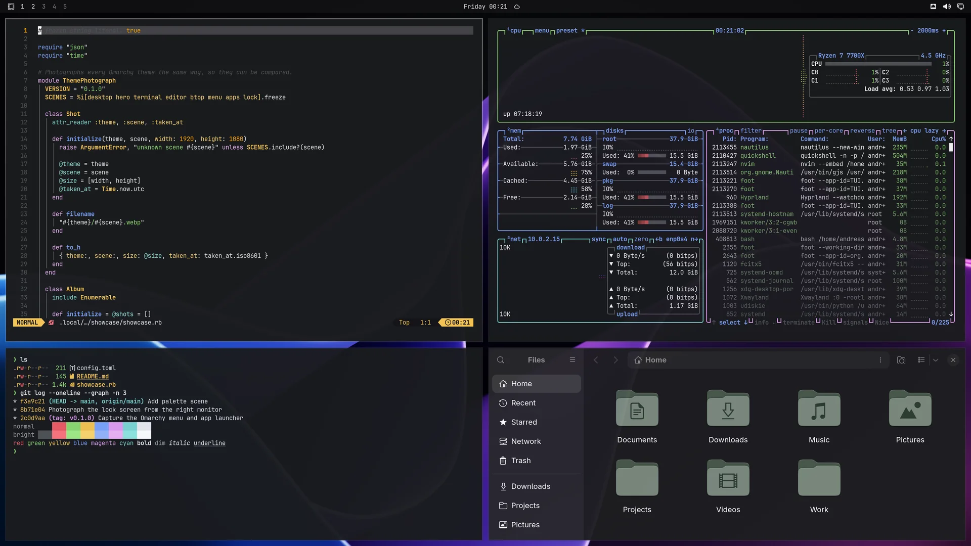 Velora: Neovim, terminal, btop and Files