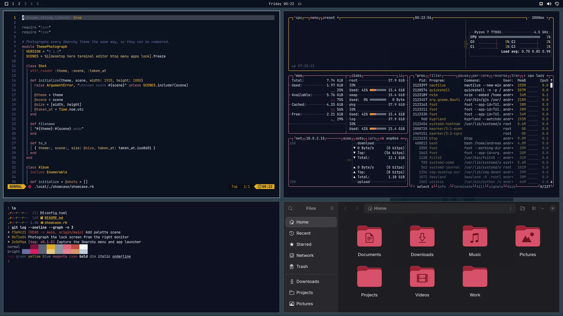 Velvet Night: Neovim, terminal, btop and Files