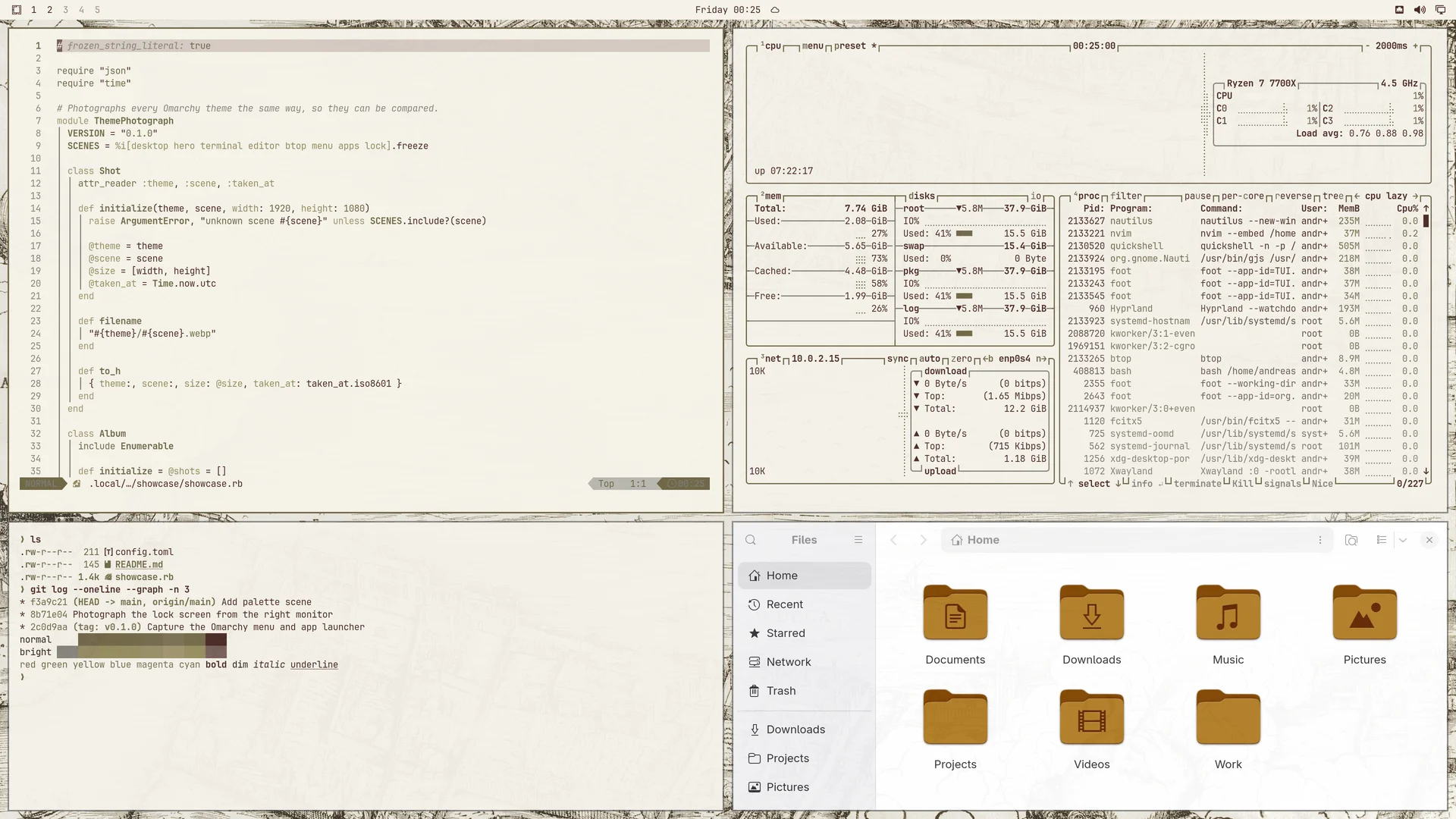 Venice From Above: Neovim, terminal, btop and Files