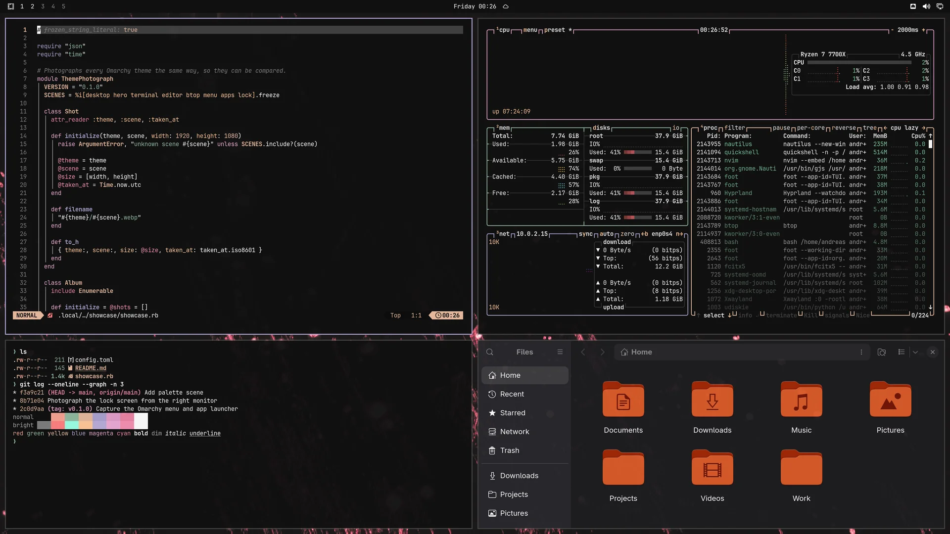 Vesper: Neovim, terminal, btop and Files