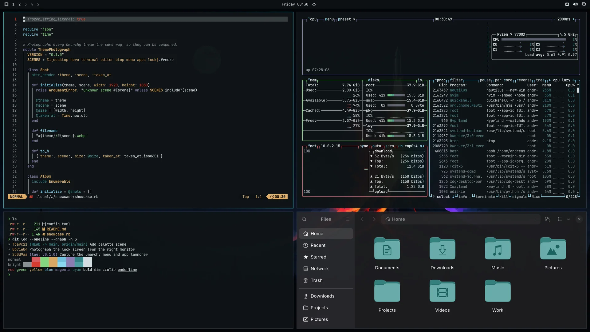 Vulkanite: Neovim, terminal, btop and Files