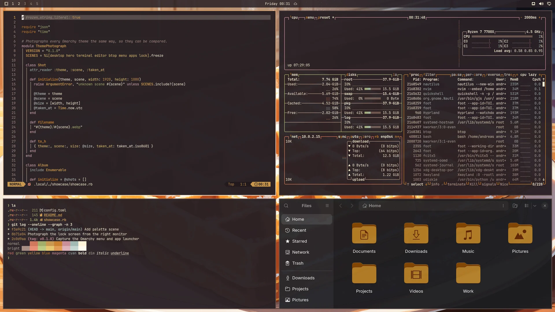 Waffle Cat: Neovim, terminal, btop and Files