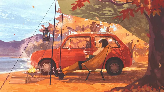 Waffle Cat wallpaper: lakeside camp