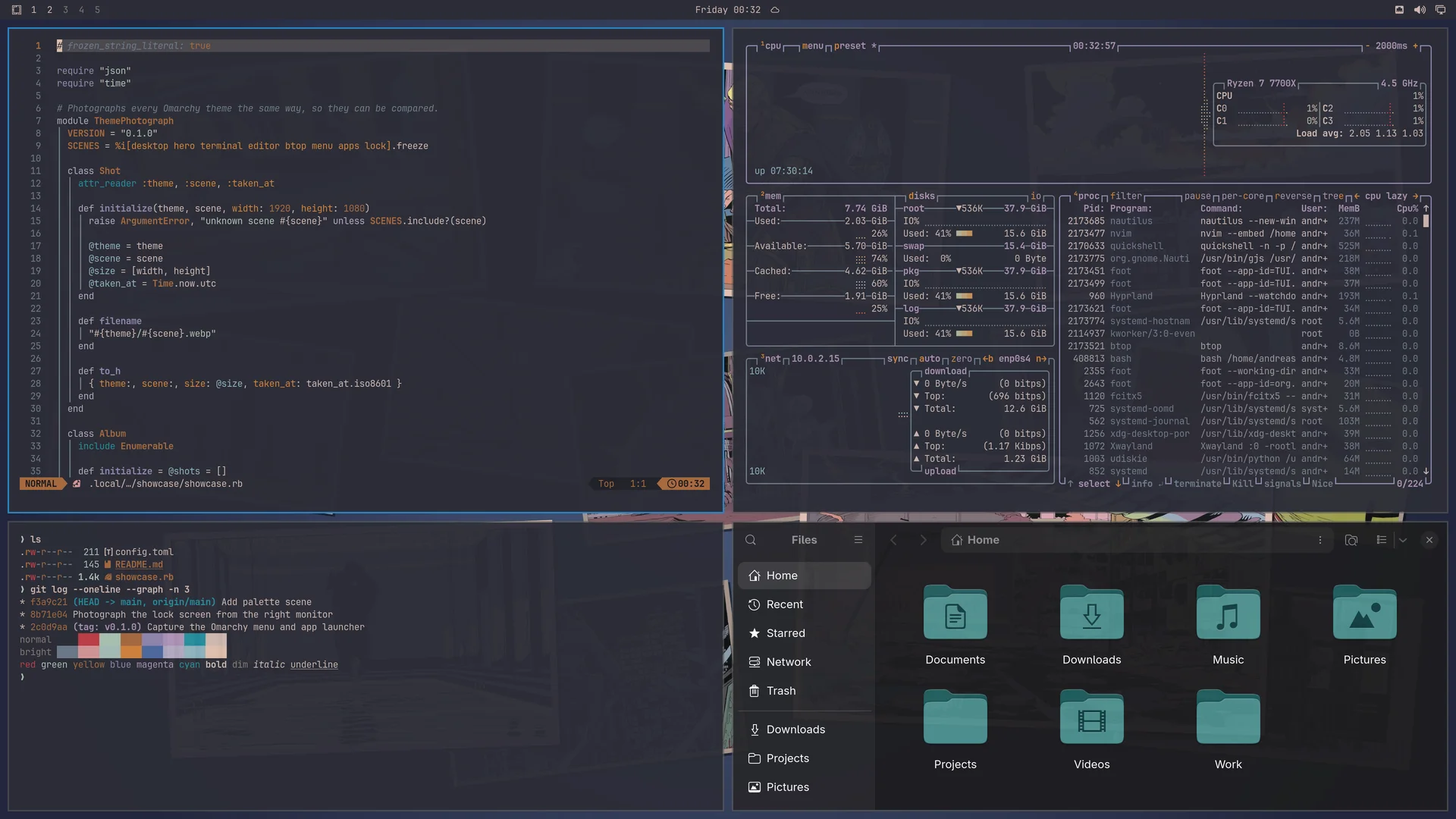Watchmen: Neovim, terminal, btop and Files