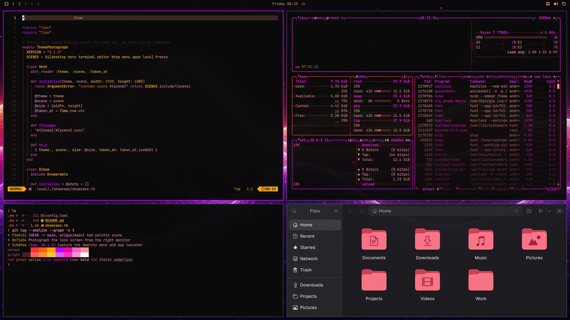 Waveform Dark: Neovim, terminal, btop and Files