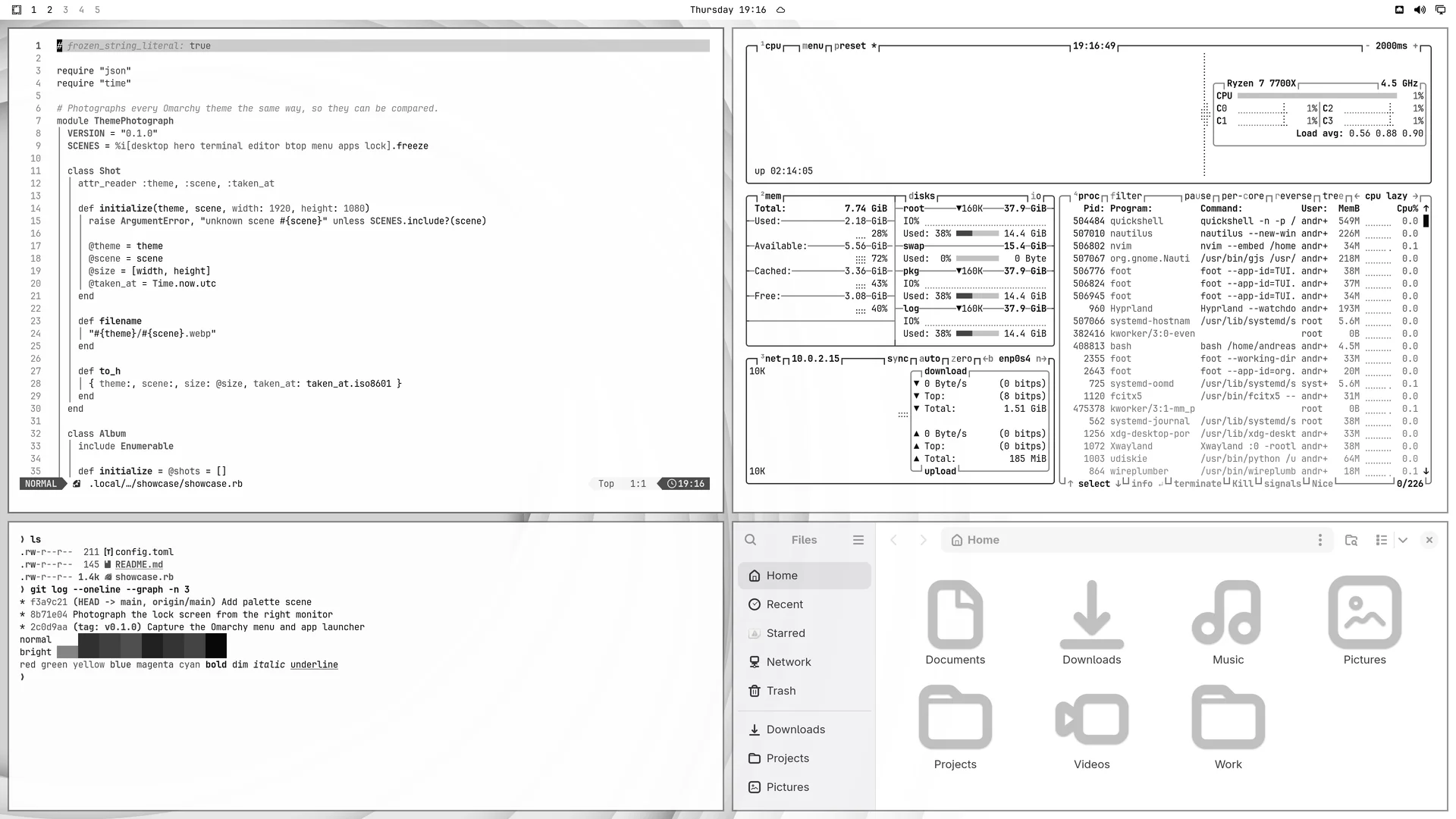 White: Neovim, terminal, btop and Files