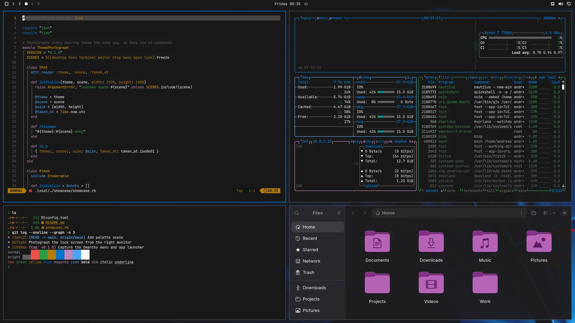 Windows Dark Mode: Neovim, terminal, btop and Files