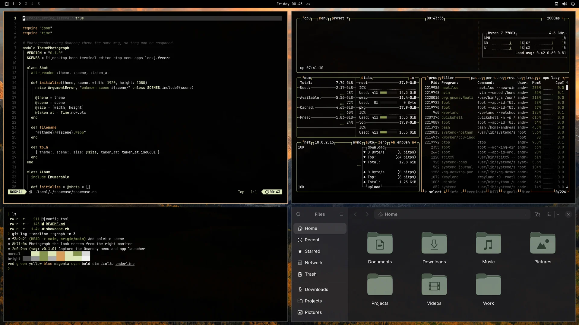 Wood: Neovim, terminal, btop and Files