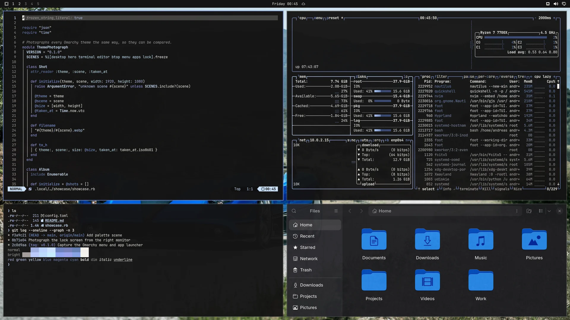 Zonda Zoom: Neovim, terminal, btop and Files